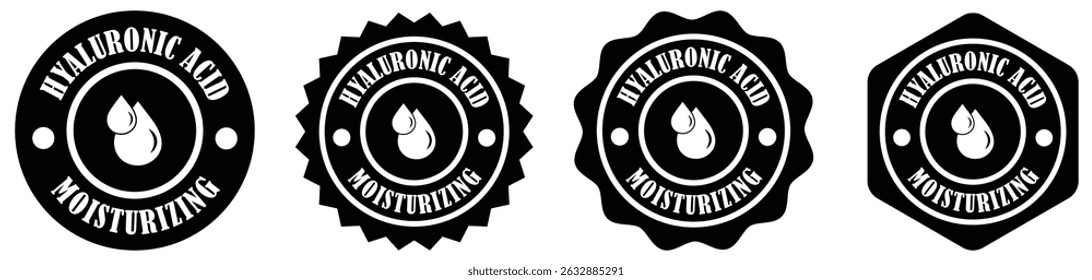 Ícones de ácido hialurônico definem a coleção em fundo branco. Emblema de ácido hialurônico para cosméticos. Rótulo de umidade cosmética com gotas. Símbolo de gota de água para marca de beleza. Ilustração vetorial