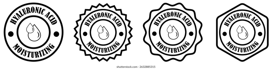 Hyaluronic acid icons of water drop for cosmetics on white background. Skincare product badge with water drop. Moisturizing stamp for beauty product. Hyaluronic acid emblem for cosmetics. Vector 