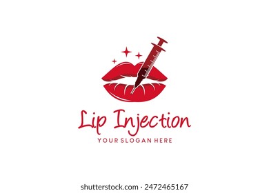 Diseño de logotipo de inyección de ácido hialurónico Ilustración vectorial en labios, logotipo de inyección de labio de belleza