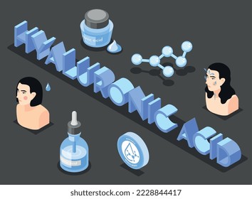 Fondo isométrico del ácido hialurónico con composición de caracteres hembras de texto 3d y gotas de ilustración vectorial líquida