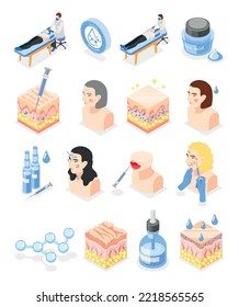 Hyaluronic acid isometric icons collection with isolated female characters skin structure patterns syringe vials and doctors vector illustration