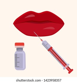 Hyaluronic acid lip injections scheme in iconic style. Vector illustration for infographic inred colours. Medical, cosmetological and anti-aging concept.