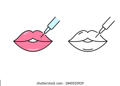 Hyaluronic acid lips injection. Contour plastic. Linear icons on white background.