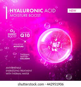 Hyaluronic Acid Moisture Boost. O2 collagen water molecule pink bubble drop. Skin care marine oxygen formula treatment design. Coenzyme anti wrinkle thermal water solution.