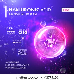 Hyaluronic Acid Moisture Energy Boost. Coenzyme Q10 moisturizing collagen design. Oxygen Underwater bubble for skin care concept.