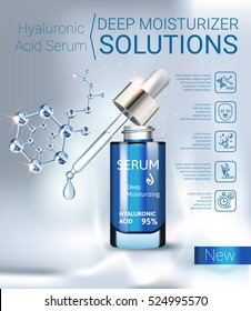 Hyaluronic Acid Moisturizing Serum ads. Vector Illustration with Serum container.