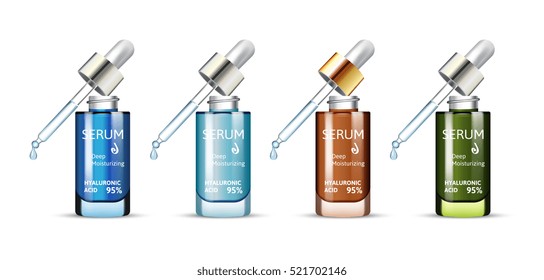 Hyaluronic Acid Moisturizing Serum in different color of packages. Vector illustration of realistic serum bottles isolated on white background.