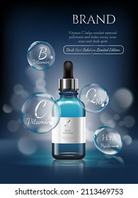 Hyaluronic Acid Moisturizing Skin-care Serum and extract ads. Vector Illustration with Serum container.