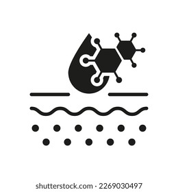 Hyaluronic Acid Molecule on Skin Structure Silhouette Icon. Dermatology Ingredient Icon. Chemical Cosmetology for Skincare Glyph Pictogram. Cosmetic Component. Isolated Vector Illustration.