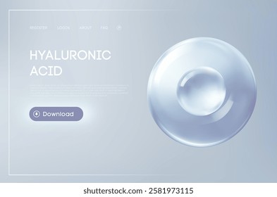 Hyaluronic acid molecule skincare, transparent liquid bubble on soft gray gradient background. Hydration and beauty concept for cosmetics, dermatology, and anti aging product promotion.