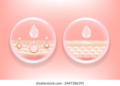 Hyaluronic acid and Niacinamide before and after hair and skin solutions ad, pink collagen serum drops into skin cell with cosmetic advertising background ready to use, illustration vector.