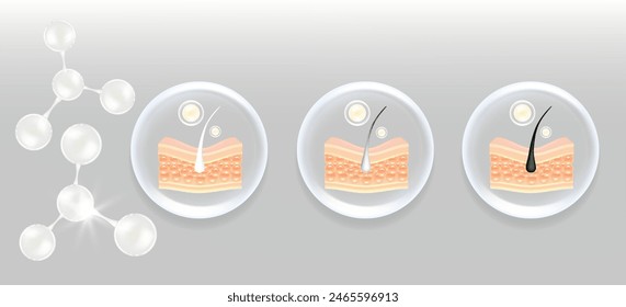 Ácido hialurónico y niacinamida antes y después de las soluciones para el cabello gris y la piel ad, suero de colágeno blanco gotas en la célula de la piel con fondo de publicidad cosmética listo para usar, ilustración Vector.