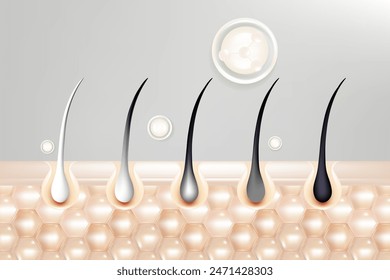 Hyaluronic acid and Niacinamide before and after gray hair and skin solutions ad, white collagen serum drops into skin cell with cosmetic advertising background ready to use, illustration vector.