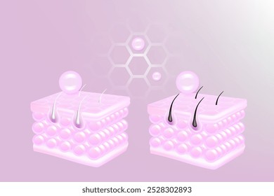 Hyaluronic acid and Niacinamide before and after gray hair and skin solutions ad, pink collagen serum drops into skin cell with cosmetic advertising background ready to use, illustration vector.