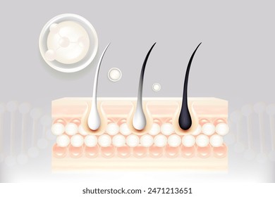 Ácido hialurónico y niacinamida pelo gris y soluciones para la piel ad, suero de colágeno blanco gotas en la célula de la piel con fondo de publicidad cosmética listo para usar, Vector de ilustración.	