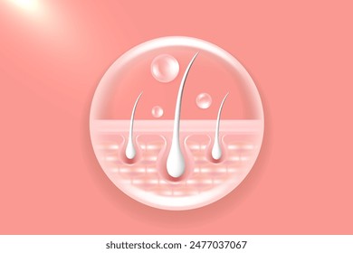 Hyaluronic acid and Niacinamide gray hair and skin solutions ad, pink collagen serum drops into skin cell with cosmetic advertising background ready to use, illustration vector.	