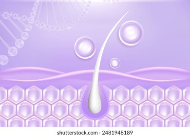 Hyaluronsäure und Niacinamid graue Haar- und Hautlösungen AD, violette Kollagenserumtropfen in Hautzellen mit kosmetischem Werbehintergrund gebrauchsfertig, Illustration Vektorgrafik.	