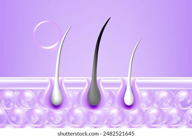 Hyaluronic acid and Niacinamide gray hair and skin solutions ad, purple collagen serum drops into skin cell with cosmetic advertising background ready to use, illustration vector.