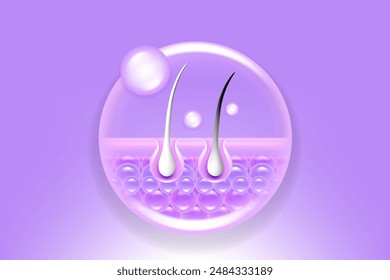 Hyaluronic acid and Niacinamide gray hair and skin solutions ad, purple collagen serum drops into skin cell with cosmetic advertising background ready to use, illustration vector.	