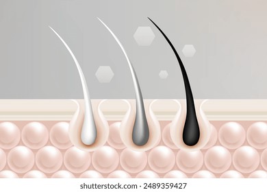 Hyaluronsäure und Niacinamid graue Haar- und Hautlösungen AD, weißes Kollagenserum tropft in Hautzellen mit kosmetischem Werbehintergrund gebrauchsfertig, Illustration Vektorgrafik.	