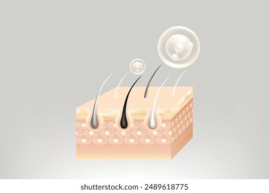 Hyaluronsäure und Niacinamid graue Haar- und Hautlösungen AD, weißes Kollagenserum tropft in Hautzellen mit kosmetischem Werbehintergrund gebrauchsfertig, Illustration Vektorgrafik.	