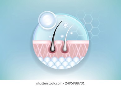 Hyaluronic acid and Niacinamide gray hair and skin solutions ad, blue collagen serum drops into skin cell with cosmetic advertising background ready to use, illustration vector.		