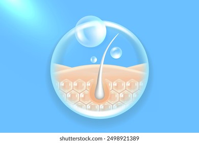 Hyaluronic acid and Niacinamide gray hair and skin solutions ad, blue collagen serum drops into skin cell with cosmetic advertising background ready to use, illustration vector.	