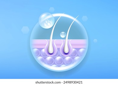 Hyaluronic acid and Niacinamide gray hair and skin solutions ad, blue collagen serum drops into skin cell with cosmetic advertising background ready to use, illustration vector.	