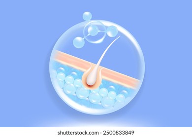 Hyaluronic acid and Niacinamide gray hair and skin solutions ad, blue collagen serum drops into skin cell with cosmetic advertising background ready to use, illustration vector.	