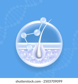 Hyaluronsäure und Niacinamid graue Haare und Hautlösungen und blaues Kollagen Serum Tropfen in Hautzelle mit kosmetischen Werbe-Hintergrund bereit zu verwenden, Illustrationsvektor.	