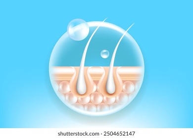 Hyaluronic acid and Niacinamide gray hair and skin solutions ad, blue collagen serum drops into skin cell with cosmetic advertising background ready to use, illustration vector.	