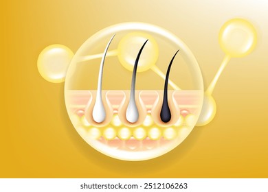 Ácido hialurônico e Niacinamida cinza cabelo e soluções de pele e, soro de colágeno de ouro gotas na célula da pele com fundo de publicidade cosmética pronto para usar, vetor de ilustração.	