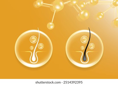 Hyaluronic acid and Niacinamide gray hair and skin solutions ad, gold collagen serum drops into skin cell with cosmetic advertising background ready to use, illustration vector.	