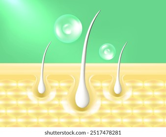 Ácido hialurônico e Niacinamida cinza cabelo e soluções de pele e, soro de colágeno verde cai em célula da pele com fundo de publicidade cosmética pronto para usar, vetor de ilustração.	
