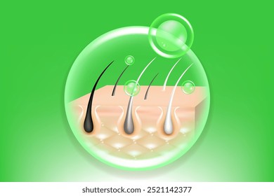 Hyaluronic acid and Niacinamide gray hair and skin solutions ad, green collagen serum drops into skin cell with cosmetic advertising background ready to use, illustration vector.	