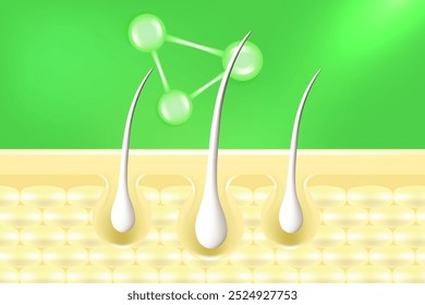 Hyaluronic acid and Niacinamide gray hair and skin solutions ad, green collagen serum drops into skin cell with cosmetic advertising background ready to use, illustration vector.	