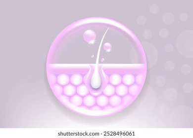 Ácido hialurônico e Niacinamida cinza cabelo e soluções de pele ad, colágeno rosa soro gotas na célula da pele com fundo de publicidade cosmética pronto para usar, vetor de ilustração.
