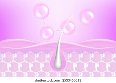 Hyaluronic acid and Niacinamide gray hair and skin solutions ad, pink collagen serum drops into skin cell with cosmetic advertising background ready to use, illustration vector.	