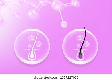 Ácido hialurónico y niacinamida para el cabello gris y soluciones para la piel, suero de colágeno rosa cae en la célula de la piel con fondo de publicidad cosmética listo para usar, Vector de ilustración.	