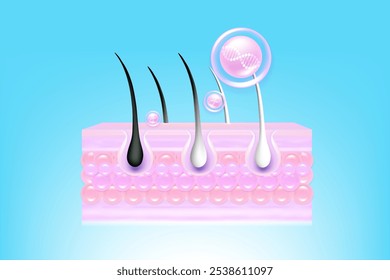 Ácido hialurônico e Niacinamida cinza cabelo e soluções de pele ad, colágeno rosa soro gotas na célula da pele com fundo de publicidade cosmética pronto para usar, vetor de ilustração.	