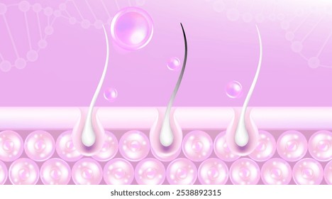 Ácido hialurónico y niacinamida para el cabello gris y soluciones para la piel, suero de colágeno rosa cae en la célula de la piel con fondo de publicidad cosmética listo para usar, Vector de ilustración.	