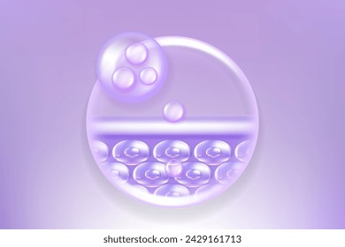 Ácido hialurónico y soluciones de niacinamida para el cabello y la piel, gotas de suero de colágeno morado en la célula de la piel con fondo de publicidad cosmética listo para usar, vector de ilustración.