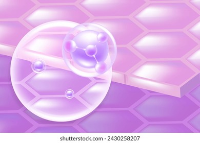 Ácido hialurónico y soluciones de niacinamida para el cabello y la piel, gotas de suero de colágeno morado en la célula de la piel con fondo de publicidad cosmética listo para usar, vector de ilustración.