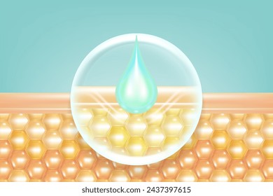 Ácido hialurónico y soluciones de niacinamida para el cabello y la piel, gota de suero de colágeno azul con fondo de publicidad cosmética listo para usar, vector de ilustración.