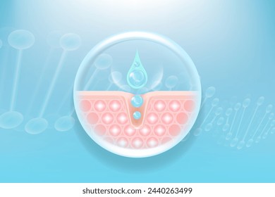 Hyaluronic acid and Niacinamide hair and skin solutions ad, blue collagen serum drops into skin cell with cosmetic advertising background ready to use, illustration vector.	
