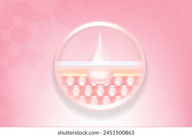 Hyaluronic acid and Niacinamide hair and skin solutions ad, pink collagen serum drops into skin cell with cosmetic advertising background ready to use, illustration vector.	
