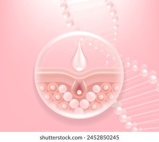 Hyaluronic acid and Niacinamide hair and skin solutions ad, pink collagen serum drop with cosmetic advertising background ready to use, illustration vector.	