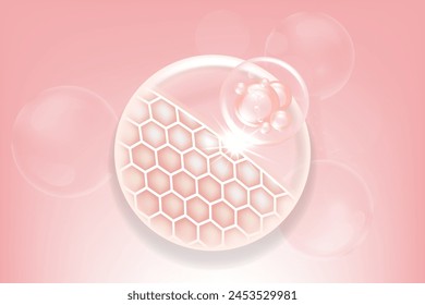 Hyaluronic acid and Niacinamide hair and skin solutions ad, pink collagen serum drops into skin cell with cosmetic advertising background ready to use, illustration vector.