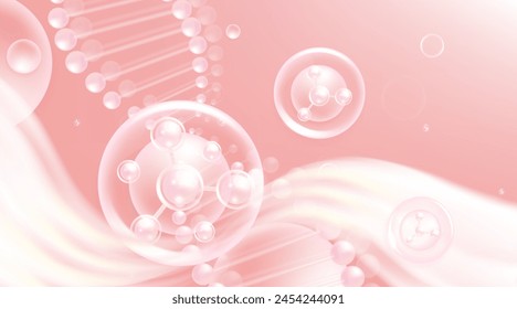 Ácido hialurónico y niacinamida cabello y soluciones de la piel ad, gota de suero de colágeno rosa con fondo de publicidad cosmética listo para usar, ilustración de Vector.	