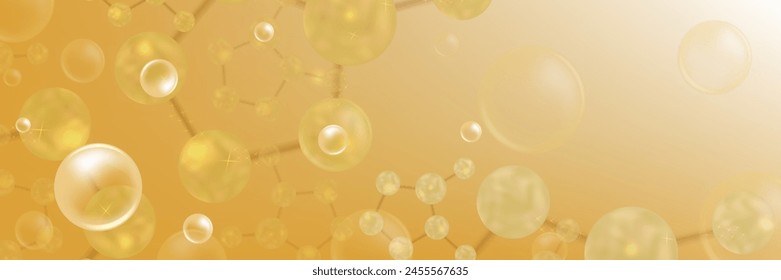 Hyaluronsäure und Niacinamid Haar- und Hautlösungen AD, Gold-Kollagen-Serumtropfen mit kosmetischem Werbehintergrund gebrauchsfertig, Illustrations-Vektorgrafik.	